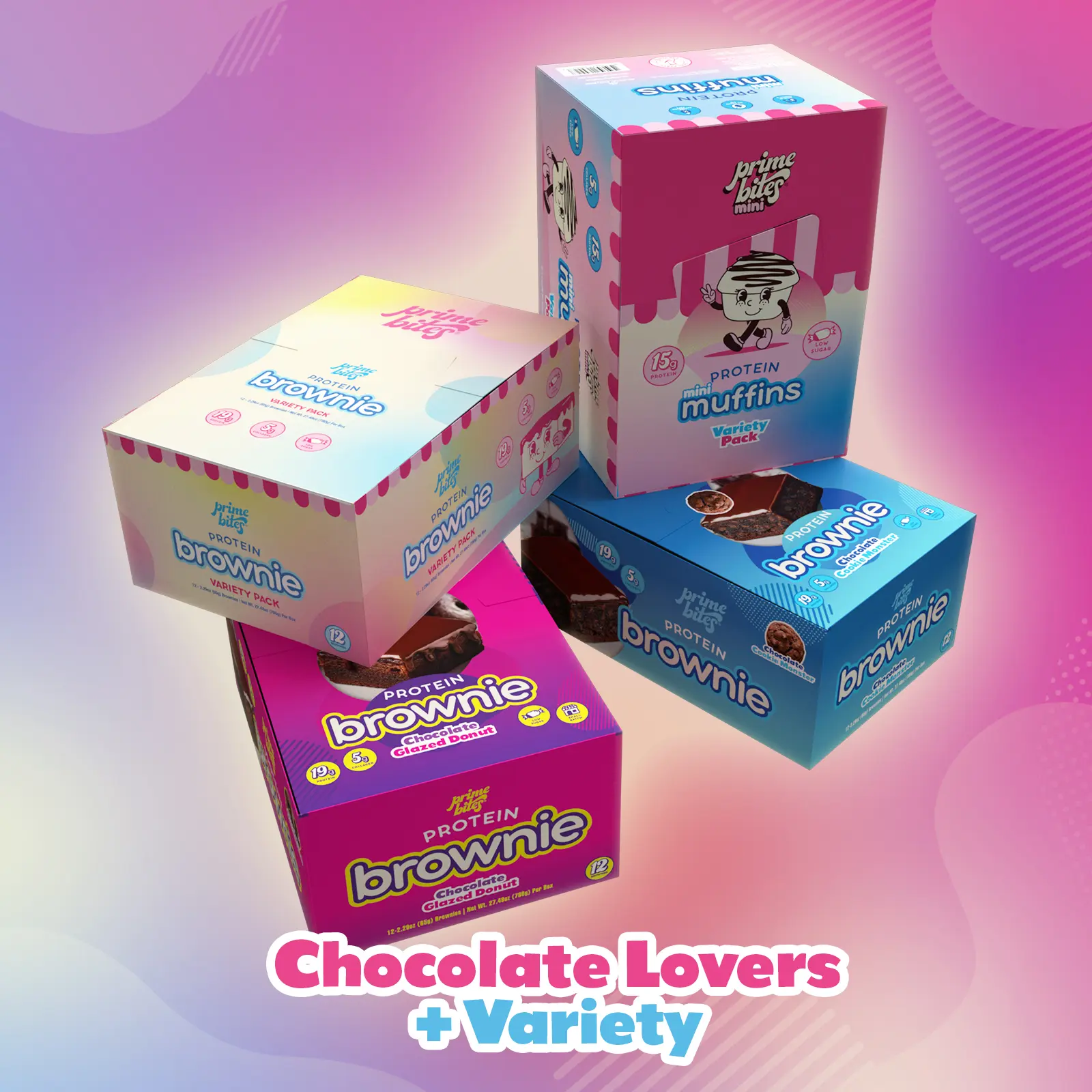 Prime Bites Chocolate Lovers + Variety Bundle - Protein Brownie Variety Pack, Mini Muffin Variety Pack, Glazed Chocolate Donut, Cookie Monster Prime Bites Chocolate Lovers + Variety Bundle - Protein Brownie Variety Pack, Mini Muffin Variety Pack, Glazed Chocolate Donut, Cookie Monster