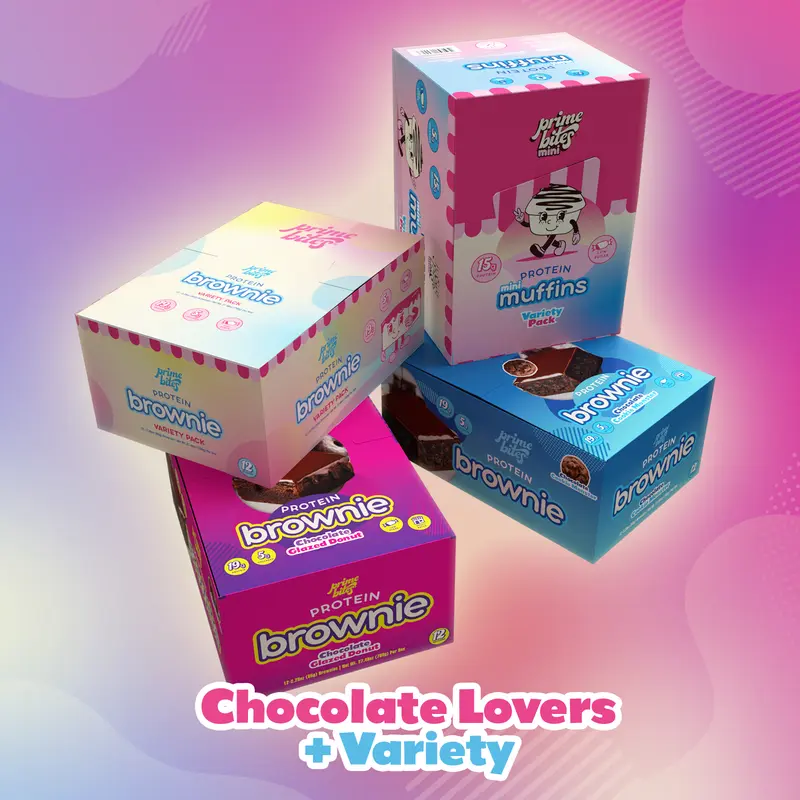 Prime Bites Chocolate Lovers + Variety Bundle - Protein Brownie Variety Pack, Mini Muffin Variety Pack, Glazed Chocolate Donut, Cookie Monster