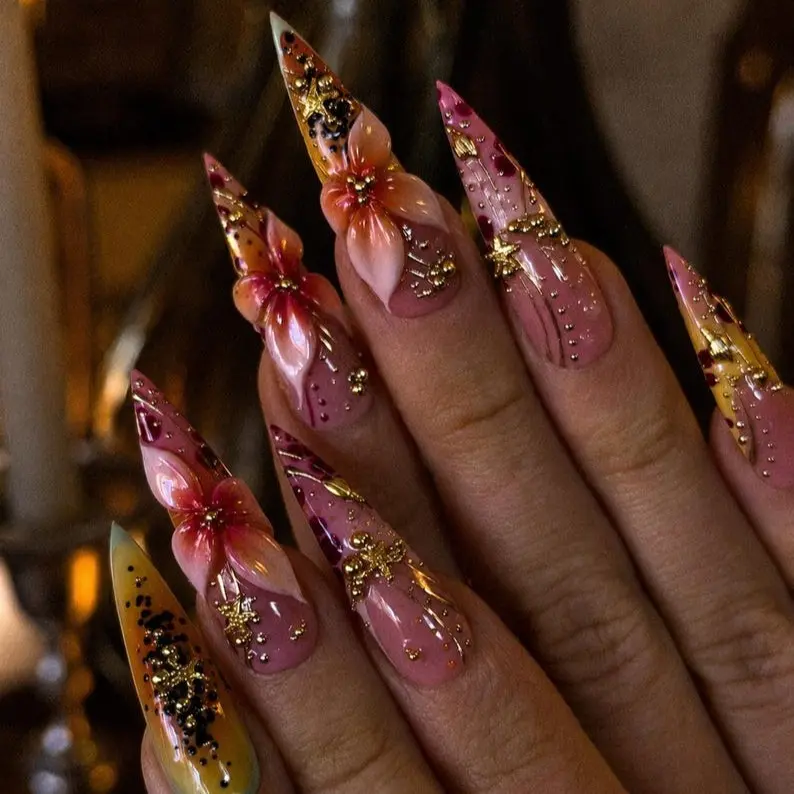Luxury Pink Floral Press-On Nails | 3D Flowers, Gold Accents & Long Stiletto Design