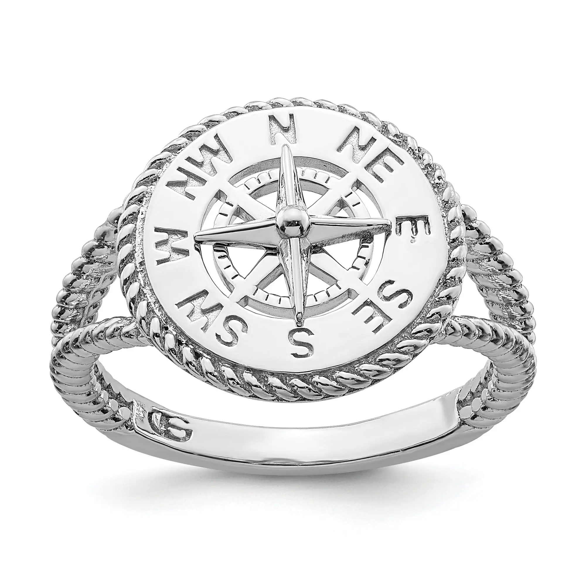 De-Ani Themed Compass Ring, Sterling Silver Rhodium-Plated with Polished Finish and Rope Trim, Fashion Jewelry