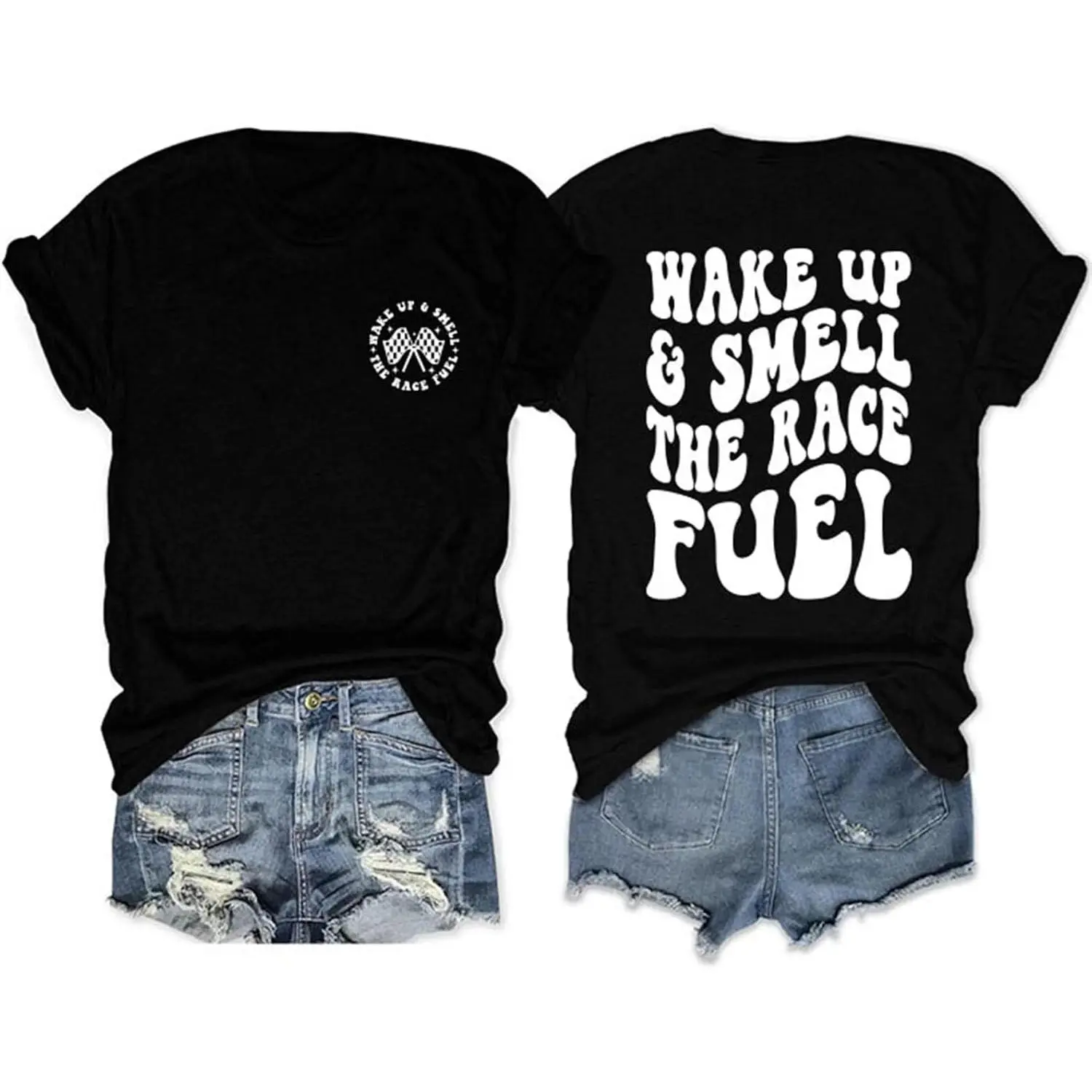 Women's T-shirt, wake up and smell the racing fuel!Fun pattern T-shirt for race day, casual short-sleeve top, black Breathable Tee