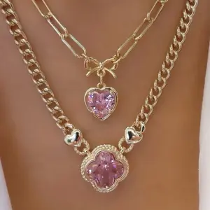 Pretty in Pink 14k Gold Plated Necklaces Pink Heart Bow Necklace and Pink Clover Necklace with Elegant Chain Design