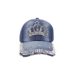 Denim Rhinestone 3D Front Bling Baseball Caps with Custom Diamonds and Crown