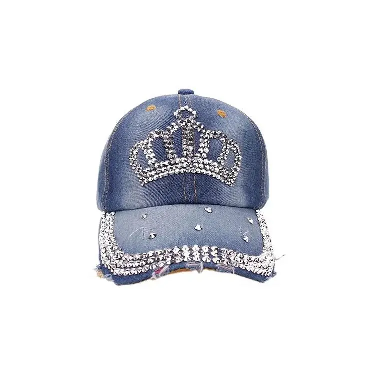 Denim Rhinestone 3D Front Bling Baseball Caps with Custom Diamonds and Crown