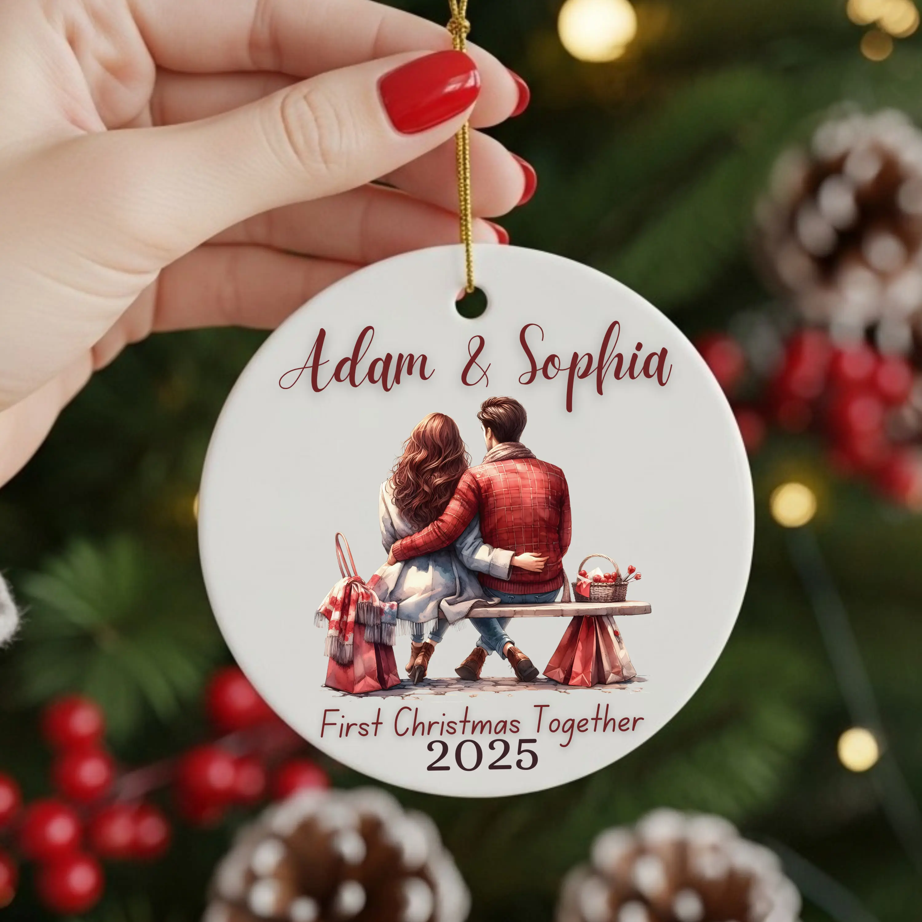 Couple's Keepsake Ornament Personalized Ceramic Disk Romantic Adam & Sophia on Bench First Christmas 2025 Glossy Finish Tree Decoration Gift Print 1 Side Christmas