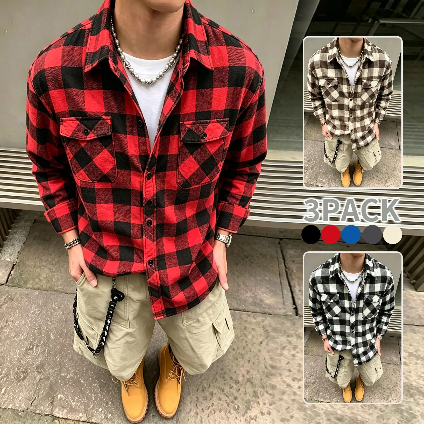 Men’s vintage large plaid shirt, available in a 3-pack or single piece, loose long-sleeve button-down top with collar and dual chest pockets, casual American streetwear overshirt,clothes for back to school,first day of school outfits