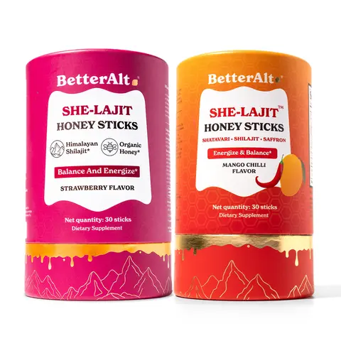 BetterAlt Balance & Boost | She-Lajit Honey Sticks | Women Multi-Mineral Supplement | Shilajit, Shatavari & Saffron | Strawberry & Mango Chilli Flavor | Hormonal Balance & Energy | 30 Honey Sticks