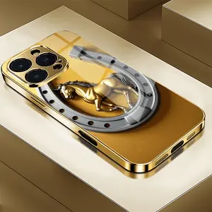 High-End Gold-Plated Horseshoe Pattern TPU Smartphone Case with Tempered Glass Mirror Finish, Anti-Scratch, Wear-Resistant, Fits iPhone 11-17 Plus Pro Max Cellphone Handheld Devices Accessories