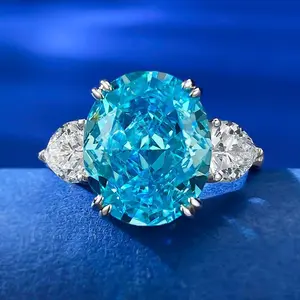 S925 Sterling Silver Aquamarine Three-stones Ice Flower Cut Oval Ring 10*12mm 8A Cubic Zirconia Ring-366