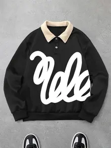 Men's Fall Winter Polo Shirt, Long Sleeve, Thickened Fabric, High-End Color Combination, Aesthetic, Casual Fitted Style, Graphic Pattern, All Seasons