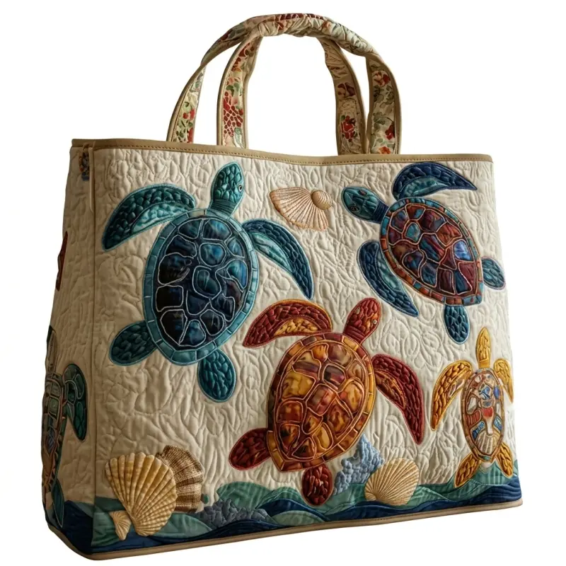 Seaside Tote Bag with Colorful Turtle and Shell Design for Beach and Daily Use