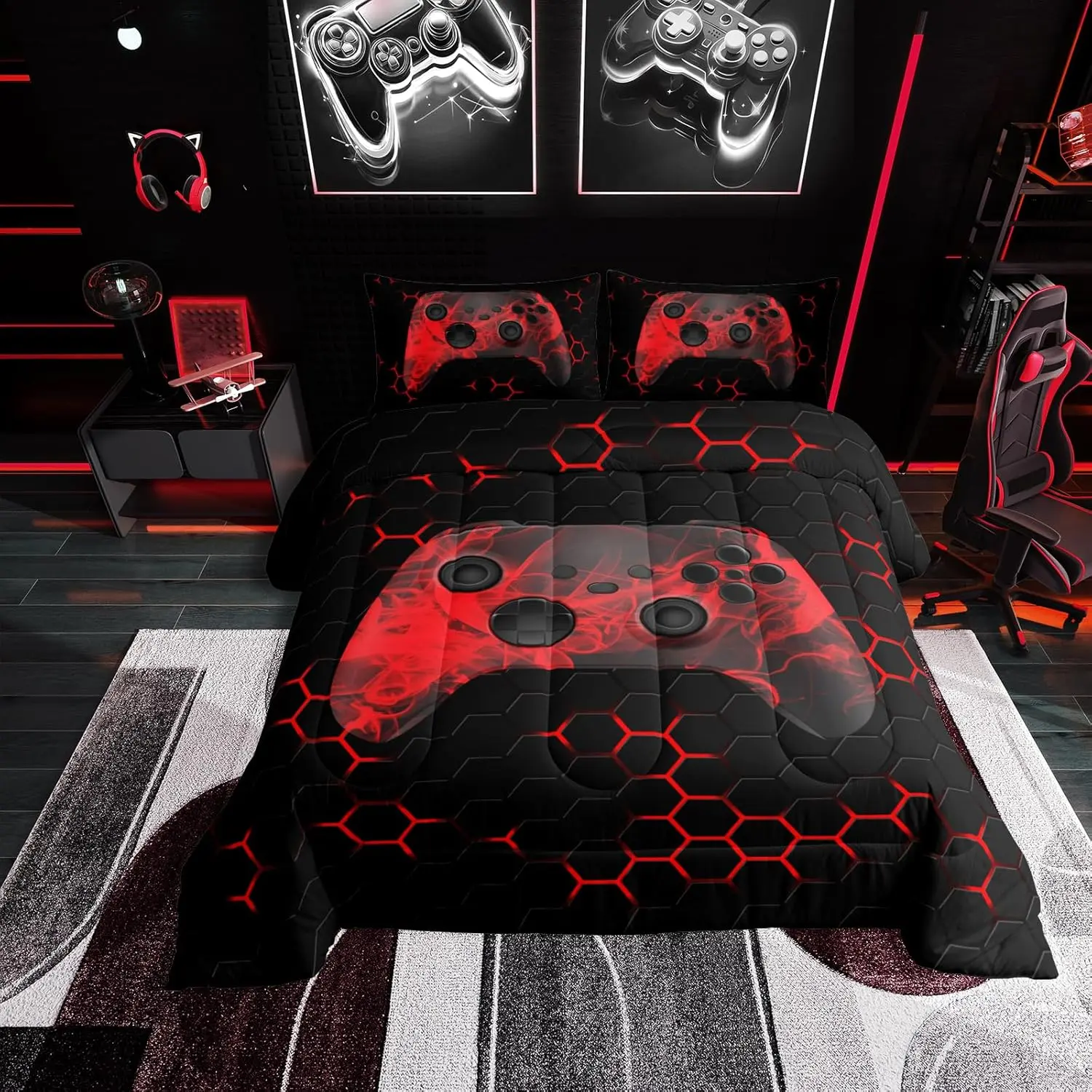 Feelyou Game-Themed Microfiber Bed Set - Hexagonal Honeycomb Geometric Comforter, Breathable Cool Red Black Gamepad Duvet, Comfy Decorative Bedroom Bedding Set, Comfy Bedding Set
