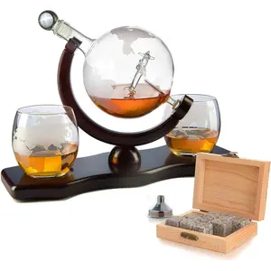 Etched World Decanter Whiskey Globe - Antique Airplane The Wine Savant 850ml, Whiskey Stones and 2 World Map 10 oz Glasses, Pilot Gift Clear