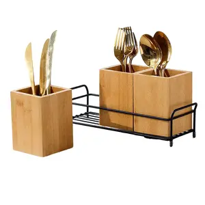 3-Compartment Bamboo Utensil Caddy with Handles, Portable Wood Silverware Holder for Kitchen Countertop, Detachable Flatware Organizer