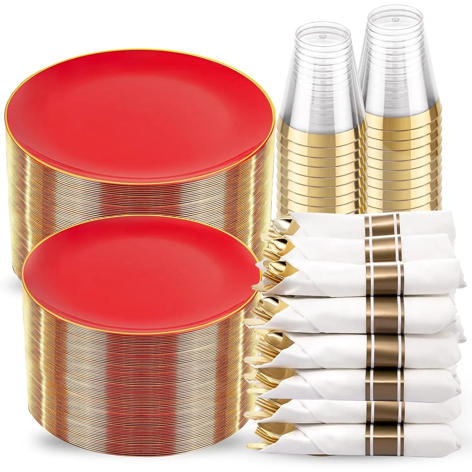 350PCS Red Heavy-Duty Disposable Plastic Dinnerware Full Set (50 Guests) - Pre-Rolled Napkins, Silverware for Christmas, Parties by HomeFixMart