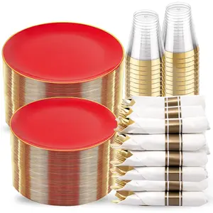 350PCS Red Plastic Plates - Heavy Duty Red Plates Disposable - 50Guest Christmas Dinnerware Include 50Dinner Plate,50Dessert Plate,50Pre Rolled Napkins with Silverware for Christmas&Party