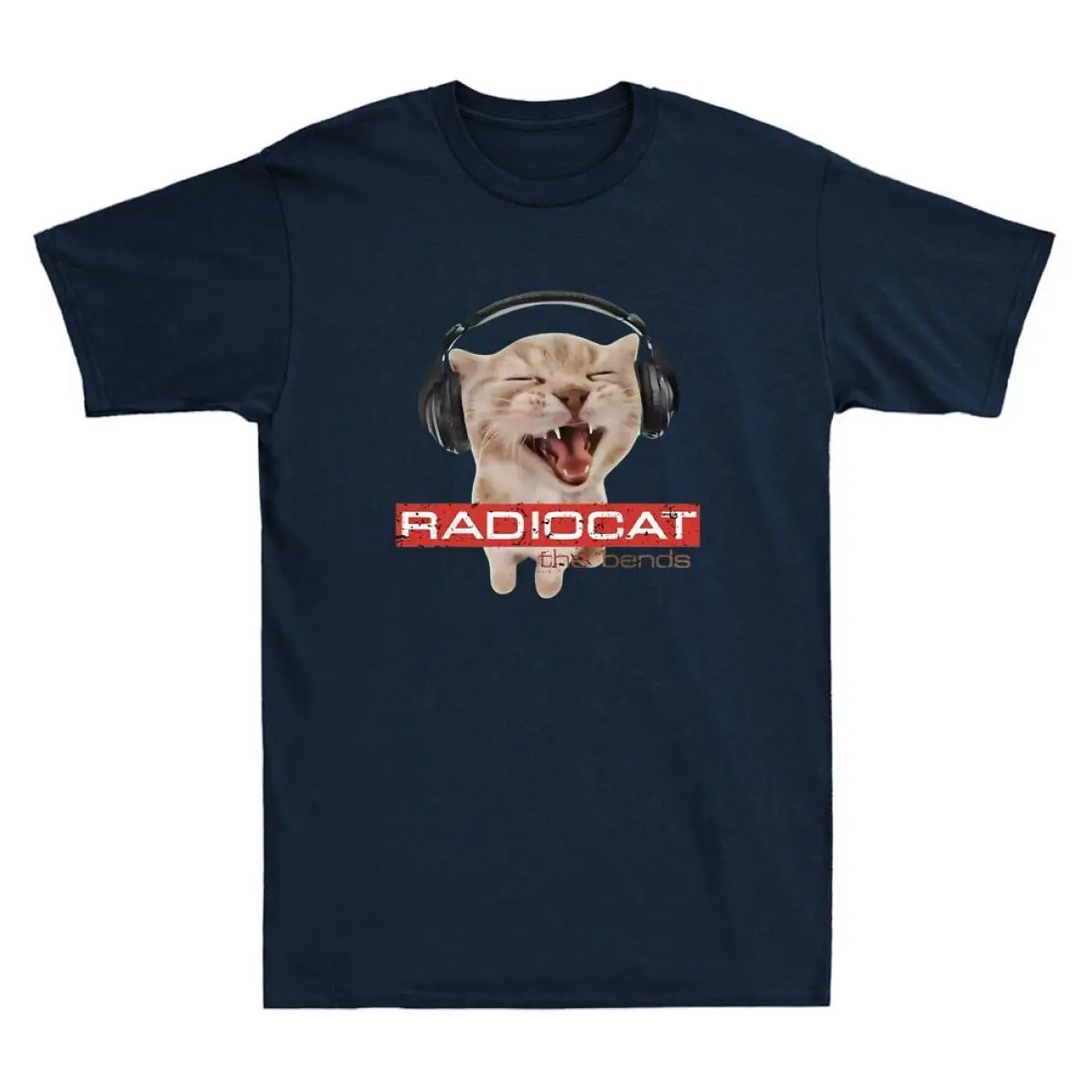 Radiocat The Bends Funny Music Cat Graphic Novelty Men's Short Sleeve T-Shirt, Soft Feel, Classic Look, Everyday Basic, Never