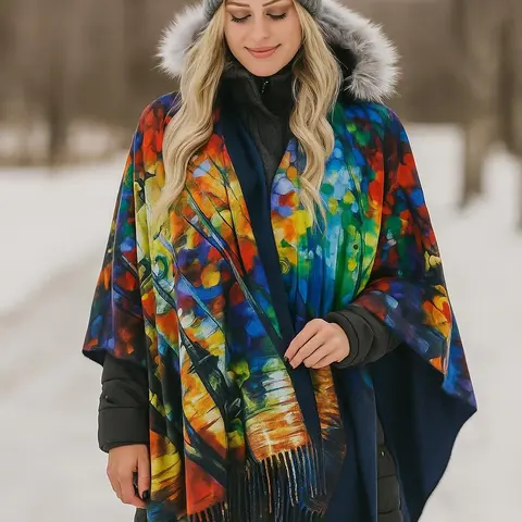 Reversible Art Print Polyester Scarf & Shawl - Fringe, 70 x 28 in