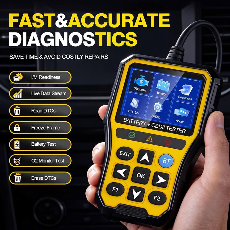 Hexibii 2-in-1 OBD2 Scanner Car Battery Tester ,PRO OBD2 Scanner Diagnostic Tool, Car Code Reader with Battery Tester, Check Engine Code Reader with Reset OBDII, Real-Time Date, DTC Lookup, Scan Tool for All OBDII Protocol Cars Since 1996