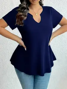 Plus Size Women's V Neck Short Sleeve Basic T-Shirt, Loose Fit Curved Hem Fashion Top, Comfortable Breathable Casual Bottom Layer, Lady