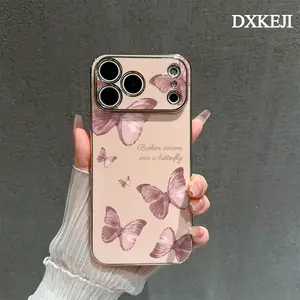 Case for iPhone 17 15 Pro Max 16 Air 14 Plus 13 12 11 Pink butterfly Luxury Golden Edge Elecroplated TPU Camera Lens Protection Mobile Phone Cover Gift for