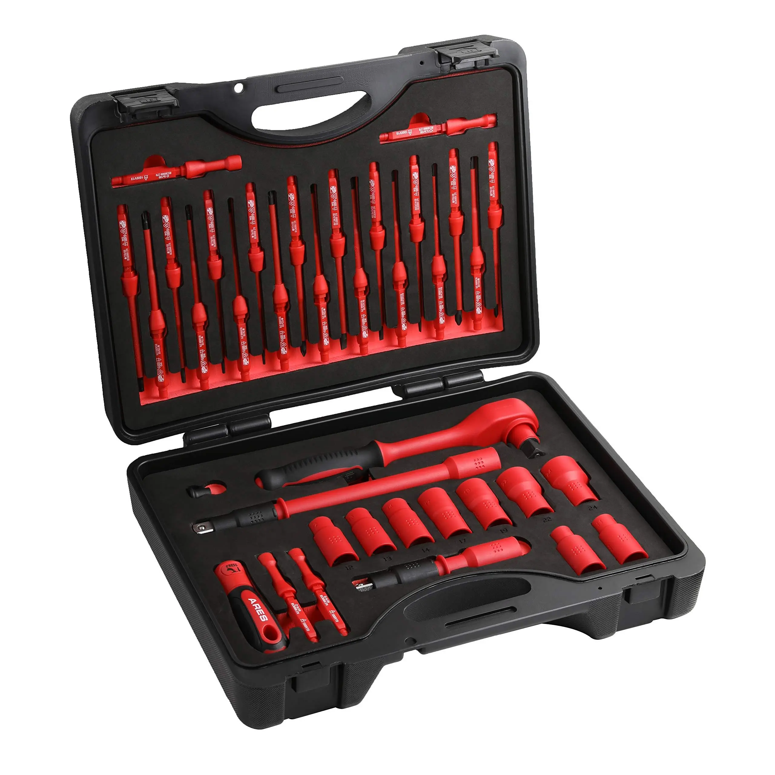 ARES 19004 Insulation Safe 37-Piece Insulated Electrical Tool Set - Ergonomic Handle, 19 Screwdriver Sizes, 4 Cabinet Keys, 1/2-Inch Drive Ratchet & Extensions, 9 Socket Sizes (10-24mm), Multiple Tools Storage Case