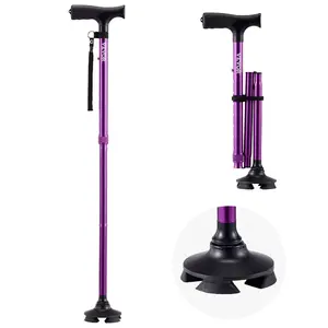 VEVOR Walking Cane for Man Woman, Folding Walking Stick with 8-Level Adjustable Height, 4-Pronged Pivoting Base, Lightweight Portable Aluminum Mobility Aid for Senior Adults, 250LBS Loading (Purple)