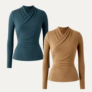 OGL Women's 2Pcs Set Surplice Long Sleeve Top in Black Cinnamon Buff Casual Minimalist Shirts Blouse Basic Style SpringStatements