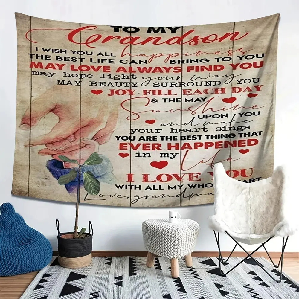 Grandparents & Grandchildren Blessing Print Tapestry Wall Hanging - Custom Style Peach Cloth Mat, Lightweight Skin-Friendly Fabric with Blessing Message, Home Decor for Wedding Gifts, Photo Shoots, Custom Style Tapestries