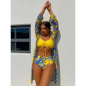 2026 Women's 3 Piece Swimsuit Set Bright Yellow Blue Tropical Leaf Print Drawstring Ruched Bikini Top with High Waisted Bottom and Long Sleeve Sheer Kimono Cover Up Sun Protection Stretchy Quick Dry Swimwear for Beach Vacation Pool Party Cruise Summer Get