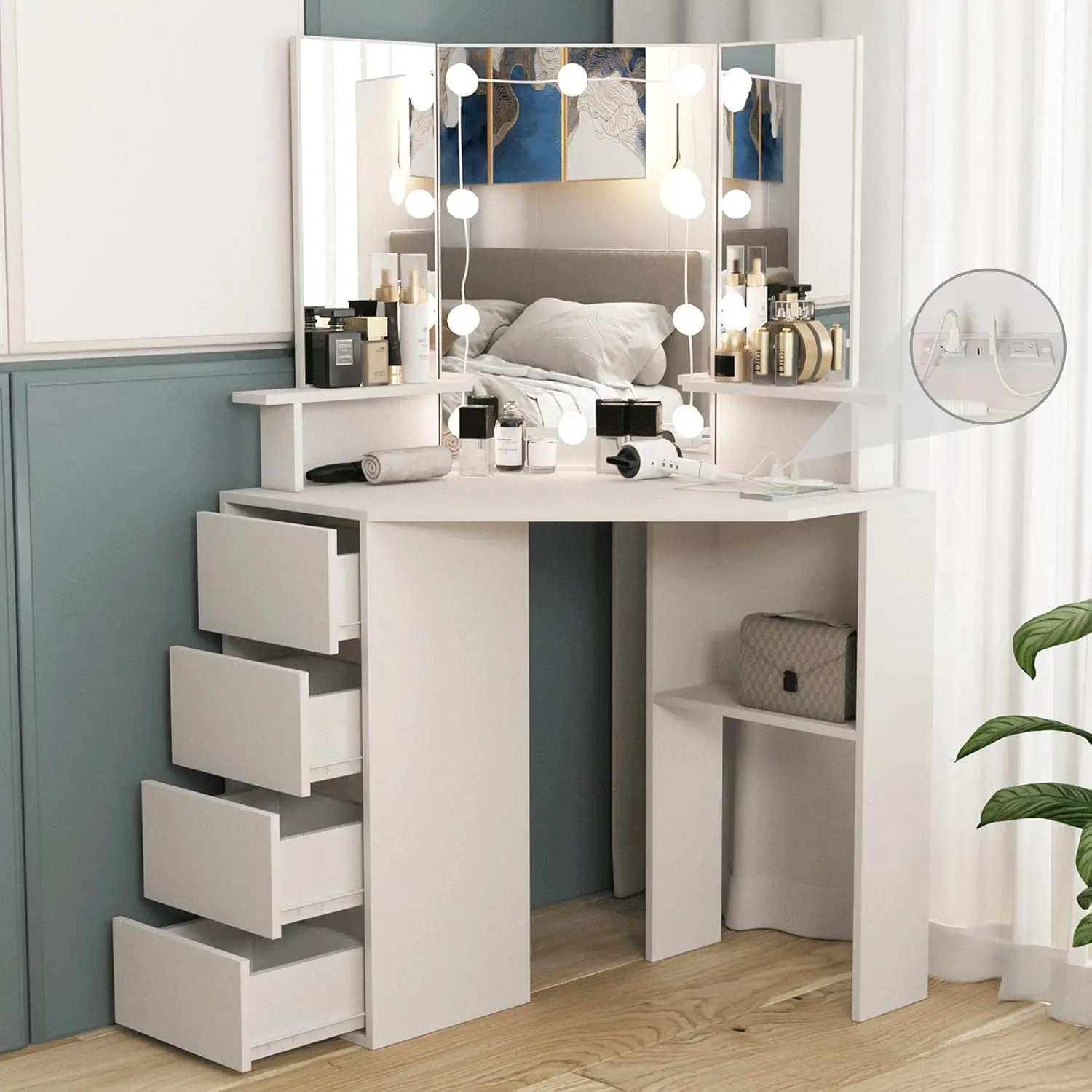 [Summergarden] Vabches 42-Inch Modern LED Vanity Desk with Lighted Mirror, Power Strip, 4 Drawers, 3 Lighting Modes & Adjustable Brightness - Vanity Table Set, Makeup Dresser