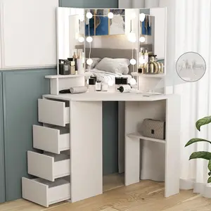 Vabches Corner Desk with Lighted Mirror & Power Strip, Makeup Table, 42 inch Corner Vanity Mirror with Lights and 4 Drawer, 3 Lighting Modes, Brightness Adjustable