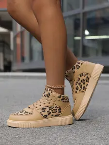 Women's Fashion Leopard Print Flat Sneakers, Trendy Walking Sneaker, Lace-Up Patchwork Design, Lightweight Comfortable Casual Outdoor Sports Shoes