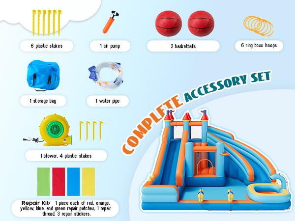 ALBOTT Inflatable Bounce House, Water Slide with Jumping Area, Climbing Wall, Splash Pool and Water Gun, Indoor Outdoor Jumper for Kids 3-12, Air Blower Included