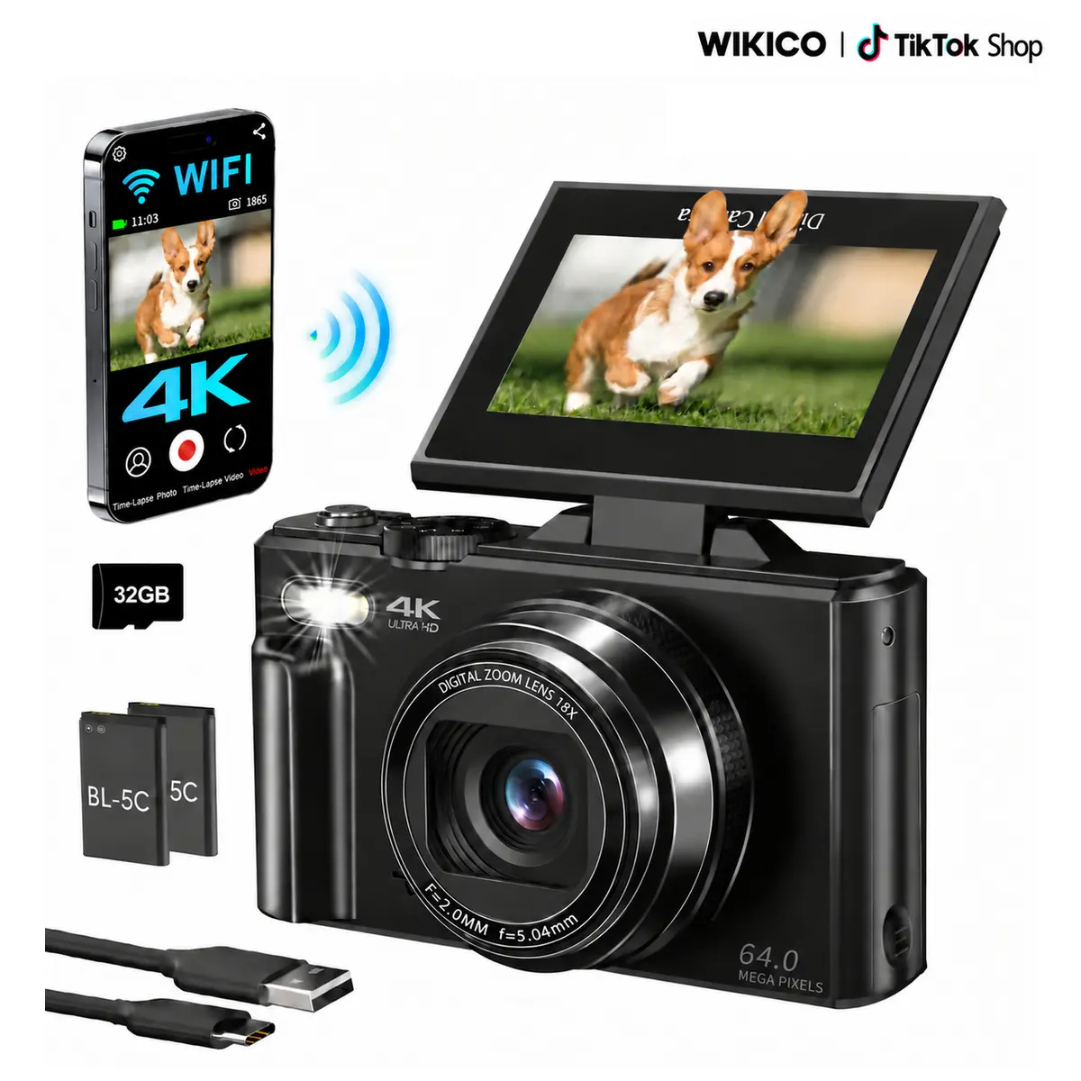 WIKICO Point and Shoot Digital Camera - 4K, 64MP, 3-Inch 180° Flip Screen, 18X Digital Zoom, 32GB Micro SD Card, 2 Batteries, Speaker, Lanyard, for Content Creators, Vlogging, Pictures, Gifts for Him, Camera For Pictures