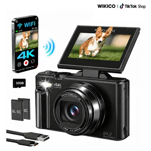 WIKICO High Definition Point & Shoot Digital Camera - 4K, 64MP, 3-Inch 180° Flip Screen, 18X Digital Zoom, 32GB Micro SD Card, 2 Batteries, Speaker, Lanyard, MP4 Video, Camera for Vlogging, Gifts Adults, Christmas Gift for BF,techvibes