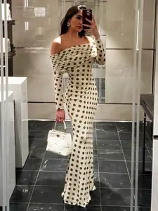 Women's black and white polka dot printed mesh long-sleeved dress, sexy one-shoulder temperament party long dress, scarf off-shoulder pleated lapel slim dress, suitable for daily wear, travel shopping, date wear, ball dress, Formal elegant dress