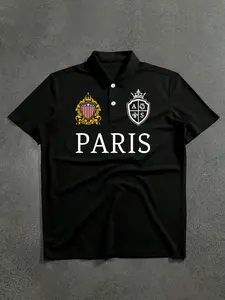 Men's Paris Badge Buttoned Polo Shirt, Dual Emblem Print, Classic Collar, Soft Breathable Fabric, Slim Fit, Streetwear Business Casual Spring Summer