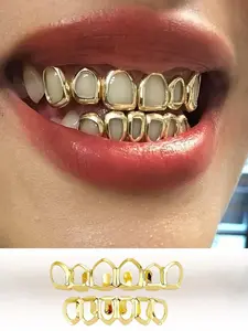 Women's Teeth Grillz Top & Bottom Set, Hollow Design, 14k Gold Plated Copper Material, Hip Hop Fashion Jewelry Accessories