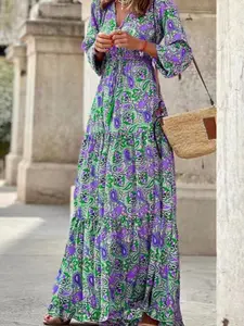 Women's Printed Short Sleeve Waist Cinch Tie Long Dress, Elegant Floral Pattern, Bohemian Casual Wear, Perfect for Daily Wear & Special Occasions