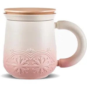 Cup with Infuser and Lid for Loose Leaf Steeping, 11oz Embossed Ceramic  Infuser Mug,  Lid  Diffuser for Black  Lovers Gifts, Pale