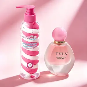 Powder Encounter Perfume + Dual Color Strawberry Cotton Candy Body Lotion, Long-Lasting, Fresh Floral Fruit Scent, Easy Absorption, Non-Greasy