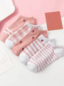 Women's 5 Pairs Strawberry & Striped Print Ankle Socks, Cute Comfy Low Cut Socks for Women, Women's Socks for Summer, Soft Comfy Socks