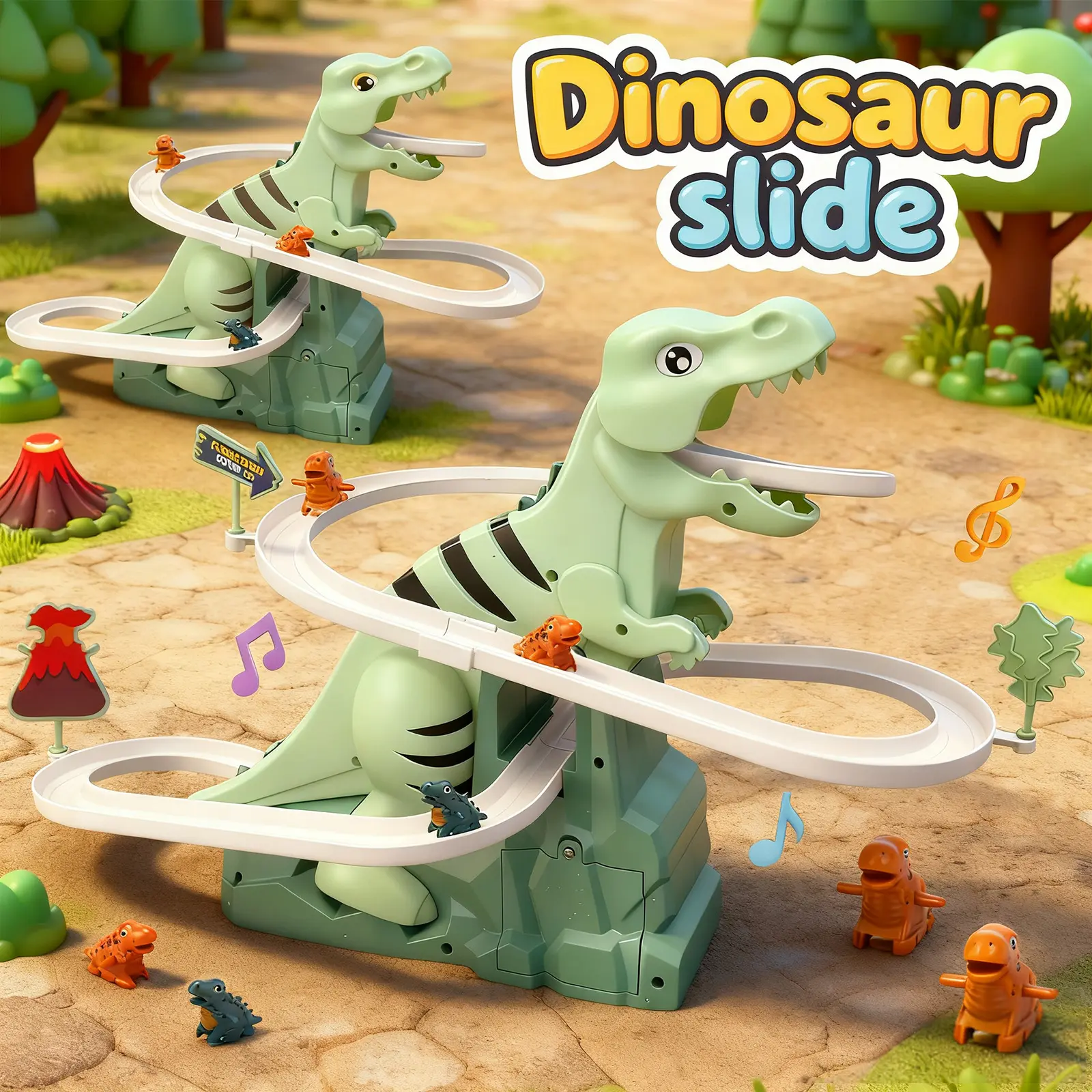 Dinosaur Climbing Slide Track Toy, Electric Track Toy With Small Dinosaur Cars, Glowing Music Stairs Toy,Interactive Dinosaur Toy, Indoor/Outdoor Playset, Birthdays & Christmas Gifts