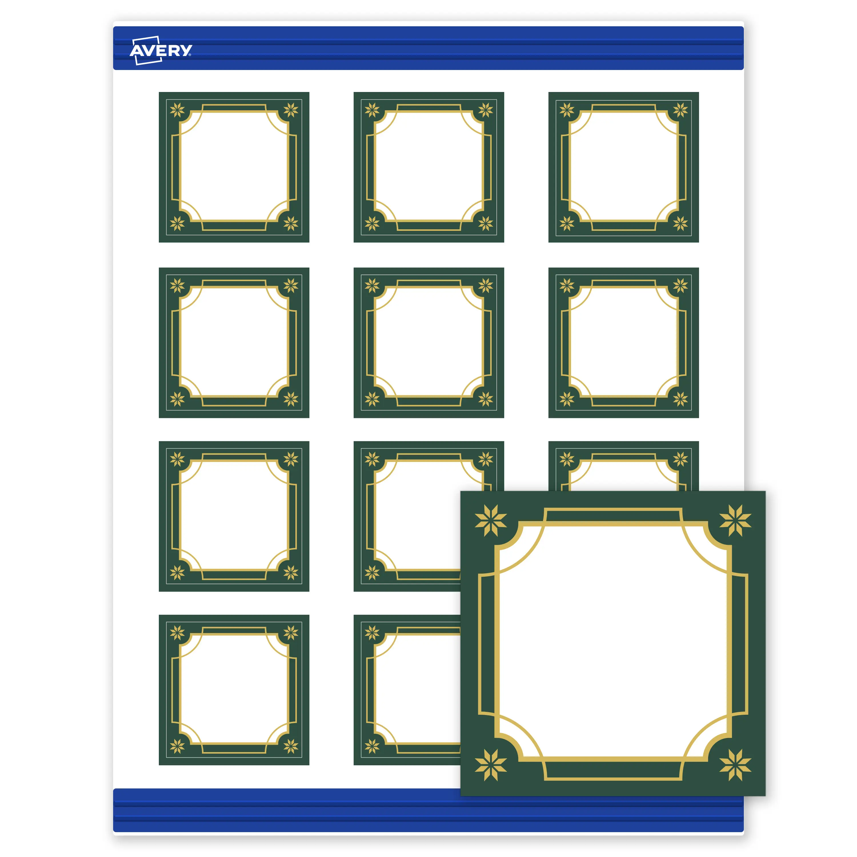 Avery® Printable Christmas Business Cards with Sure Feed® Technology, Square, 2" x 2", Pre-Printed Green & Metallic Gold Border Design, Matte White, Laser & Inkjet Compatible, 120 Total