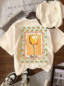 Women's Milk Silk Fabric T-Shirt, Soft Breathable, High-Heeled Cup Pattern, Casual Summer Beachwear, Round Neck Short Sleeve