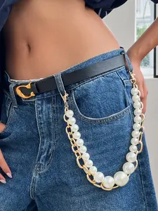 Vintage Punk Style Metal Chain Belt, Trendy Versatile Buckle, Faux Pearl Street Fashion Waist Chain, All Season Pants Decoration Accessory