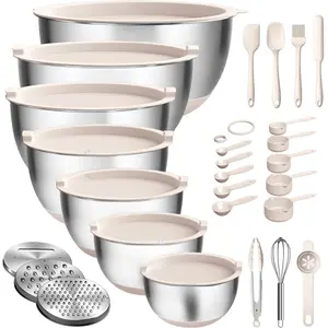 27 PCS Stainless Steel Mixing Bowls with Lids – Nesting Bowls with Grater Attachments, Scale Mark & Non-Slip Bottom Tableware Khaki