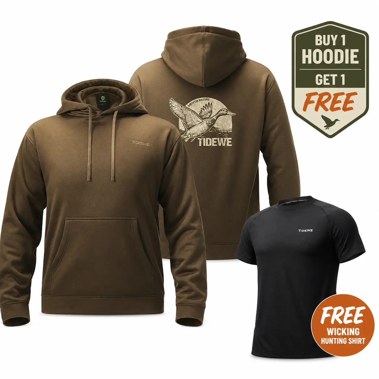 Free Wicking Hunting Shirt with Purchase, TIDEWE Men's Hunting Hoodie Waterfowl Back Graphic Soft Fleece Pullover for Outdoor & Casual Wear