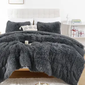 Fluffy King Size Comforter, Faux Fur Comforter, Fuzzy King, Shaggy for, 3 - 1 Comforter  2 Pillowcases, Dark Grey